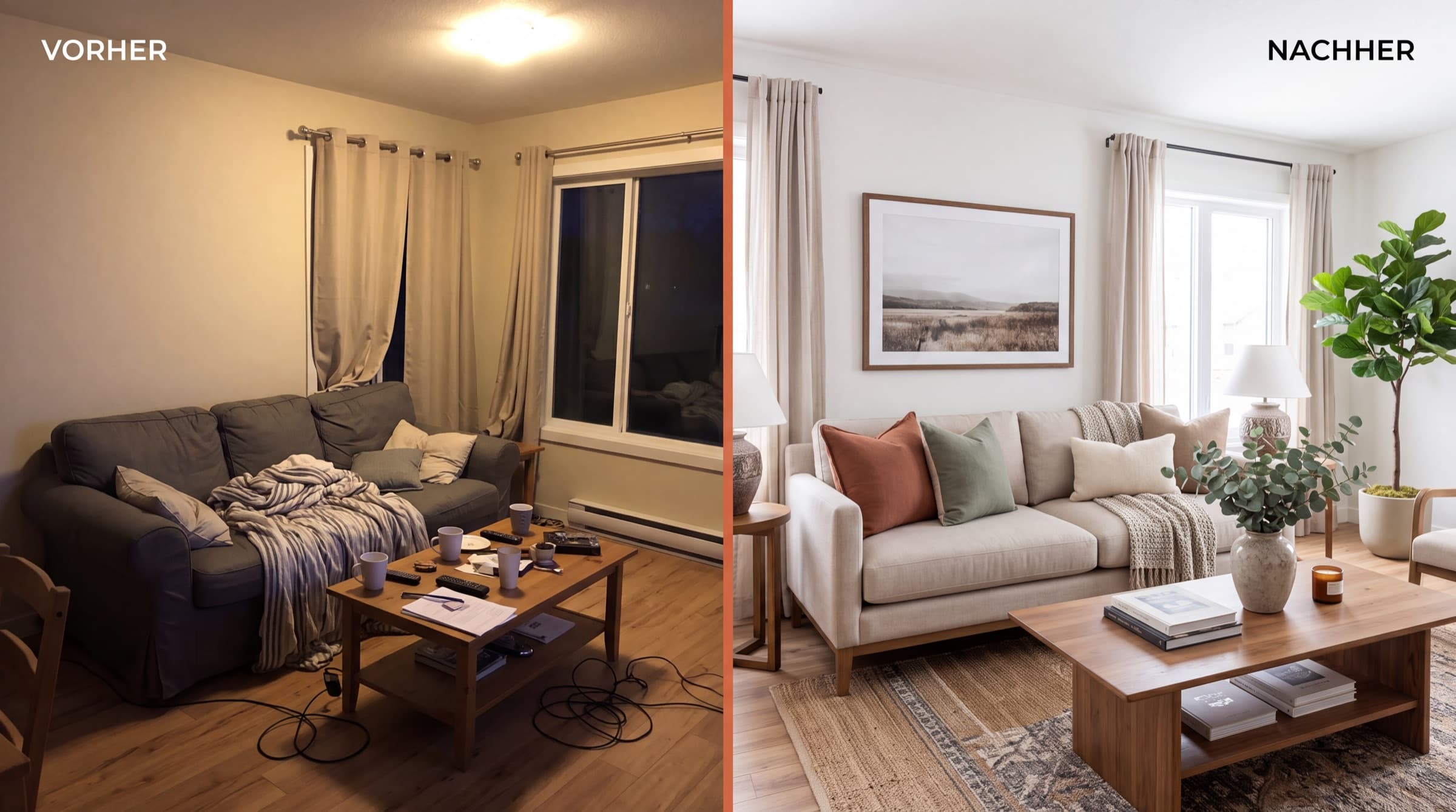 Vorher/Nachher Vergleich: unoptimiertes Zimmer links, professionell gestyltes und fotografiertes Zimmer rechts